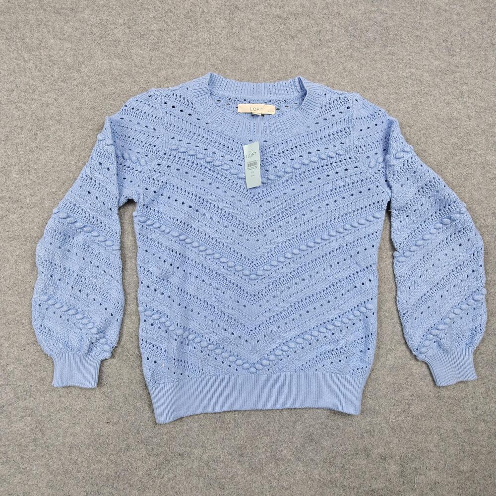 LOFT Sweater Womens XS Petite Blue Open-Knit Crew Neck Pullover Balloon Sleeve